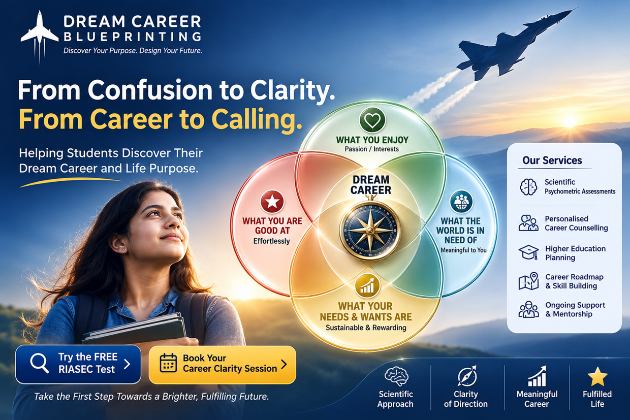 A student looking up at a MiG jet climbing into a sunrise, beside the DreamCareerZ four-circle Ikigai model with a compass at its centre marked Dream Career